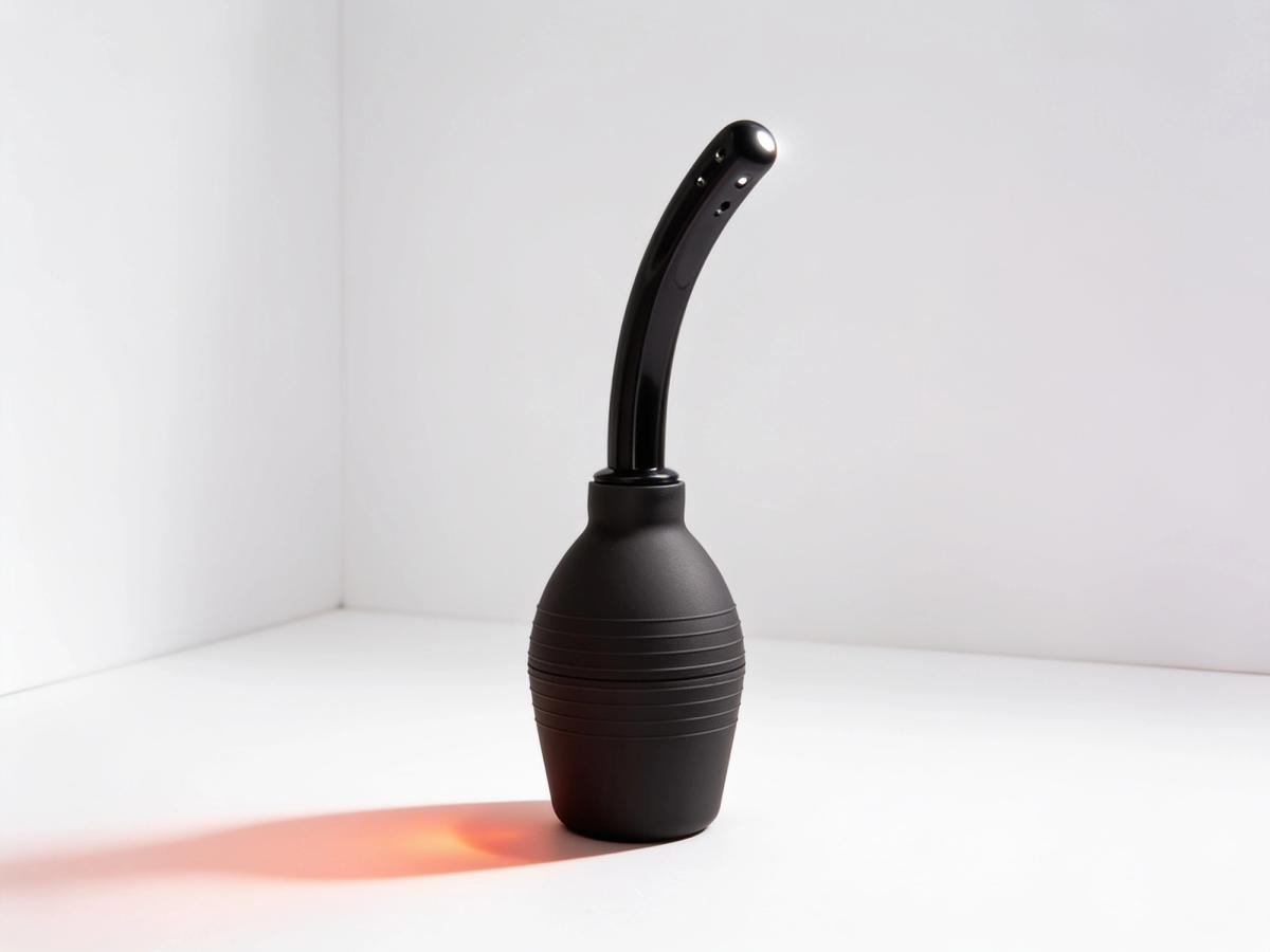The Prowler RED Flexi douche bulb standing upright on white paper, its curved black nozzle catching one small highlight, with a warm coral shadow pooling at its base.