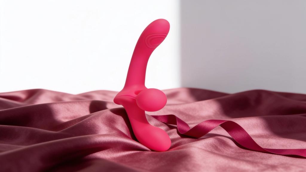 The Double Tap couples toy resting on a plum silk sheet in bright daylight