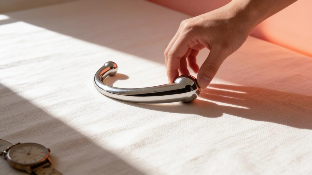 A hand reaching for a polished steel wand massager on a sunlit linen surface