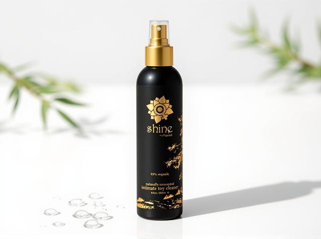 Sliquid Shine Organic Intimate Toy Cleaner spray bottle standing upright in bright daylight on a white surface, with scattered water droplets and a blurred sage-green leaf sprig suggesting a freshly rinsed vibrator left to air-dry.