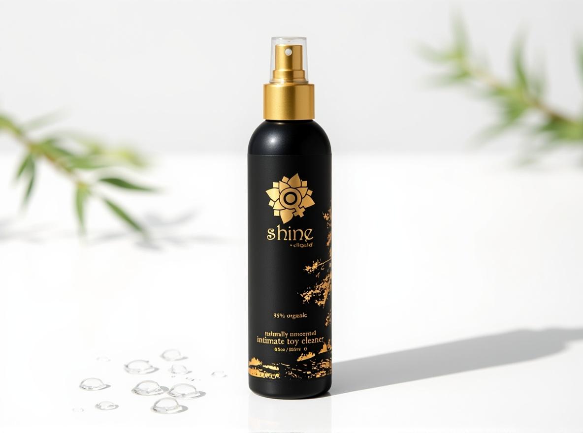Sliquid Shine Organic Intimate Toy Cleaner spray bottle standing upright in bright daylight on a white surface, with scattered water droplets and a blurred sage-green leaf sprig suggesting a freshly rinsed vibrator left to air-dry.