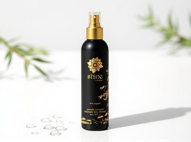 Sliquid Shine Organic Intimate Toy Cleaner spray bottle standing upright in bright daylight on a white surface, with scattered water droplets and a blurred sage-green leaf sprig suggesting a freshly rinsed vibrator left to air-dry.
