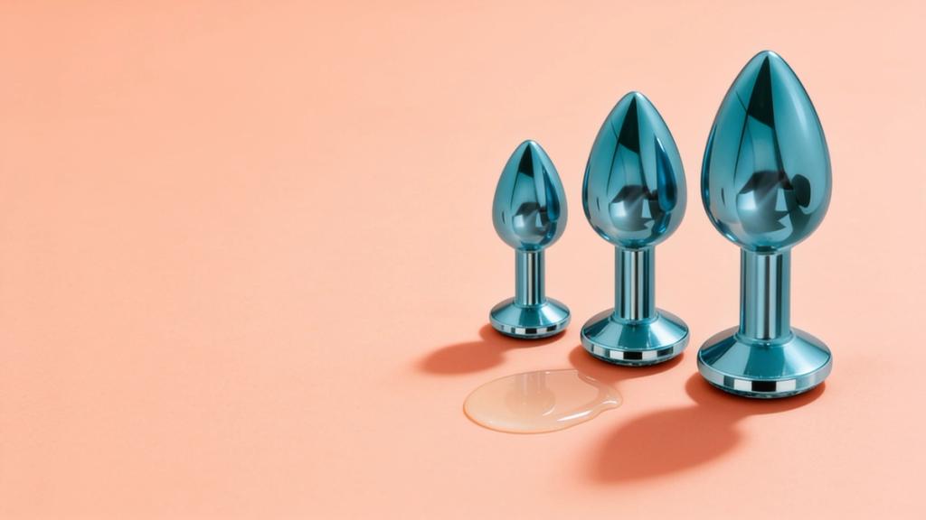 Three graduated blue metallic plugs standing in a row on a pale coral ground with a droplet of clear glide
