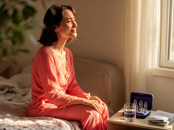 A woman sits in warm window light with a soft, relieved smile, her hands relaxed in her lap. On the nightstand beside her rests an open case holding the four-piece anal dilators borosilicate glass training set, compact and quiet in the corner of the frame, next to a glass of water and a folded towel.