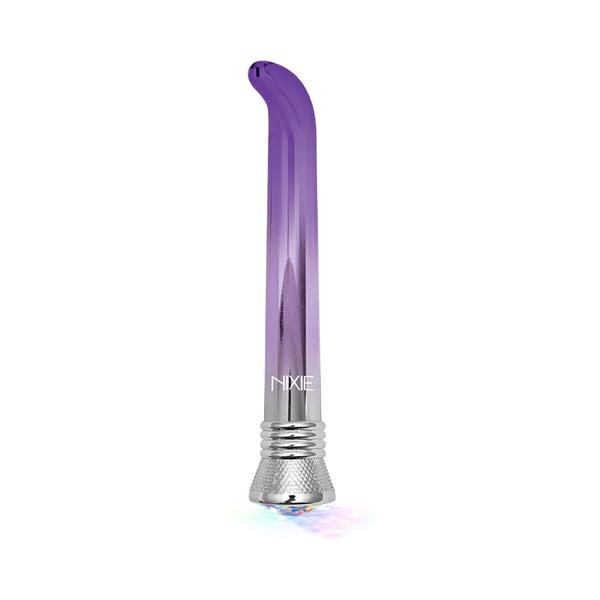 A single curved silicone vibrator with an upward-hooked tip, standing on a bright coral background.