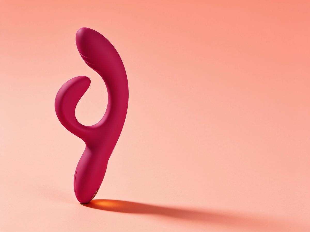 The We-Vibe Nova 2 flexible silicone rabbit vibrator leaning at a dynamic angle on a bright coral-soft backdrop, its curved outer arm and ribbed inner shaft both clearly visible to show how the flex lines up.