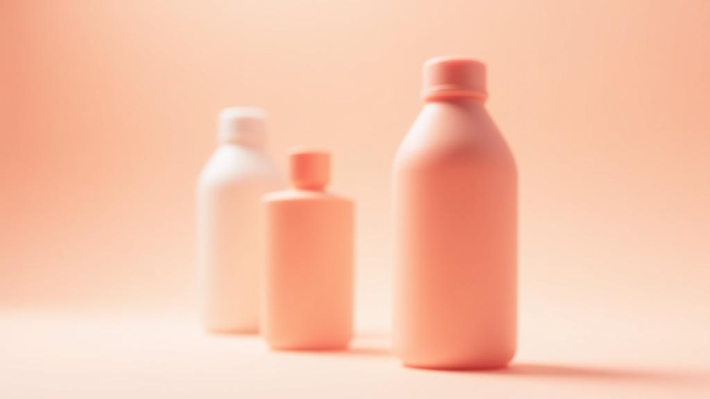 Three unlabeled glossy glide bottles of varying shapes clustered large on a paper-white and coral-soft studio ground, one sharp in front, two softly blurred behind.
