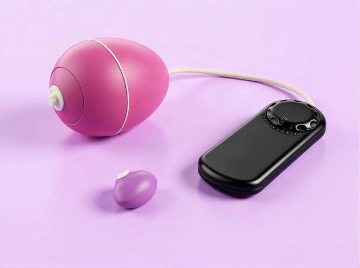 A pink egg vibrator resting on its cord beside its separate dial controller, in a bright plum-tinted editorial still life.
