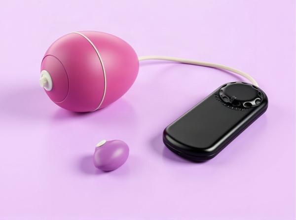 A pink egg vibrator resting on its cord beside its separate dial controller, in a bright plum-tinted editorial still life.