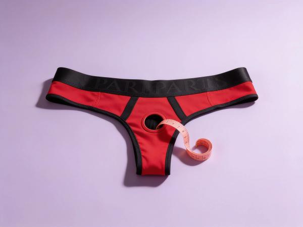 Tomboi Nylon Briefs Harness with Vibrator Pockets, Medium, in red with a black waistband and round ring opening, laid flat on a soft lavender backdrop beside a coral tape measure in bright daylight