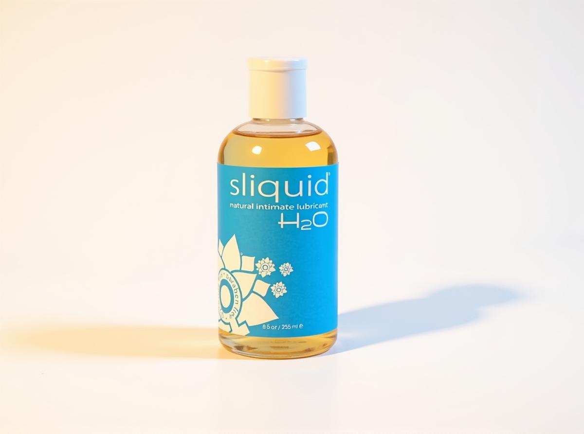 Sliquid Naturals H2O water-based lubricant bottle standing upright in warm golden daylight, the post's recommended pick for pairing lube with sex toys