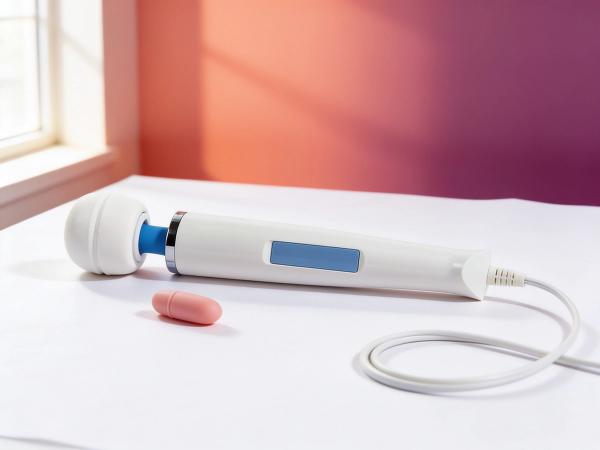 The Magic Wand Original corded massager lying across a white paper surface in warm daylight, its soft rounded head at the left and its pale cord looping away to the right, with the much smaller VUSH Peachy Bullet resting beside the wand head at a fraction of its size. A coral and plum light wash falls on the wall behind.