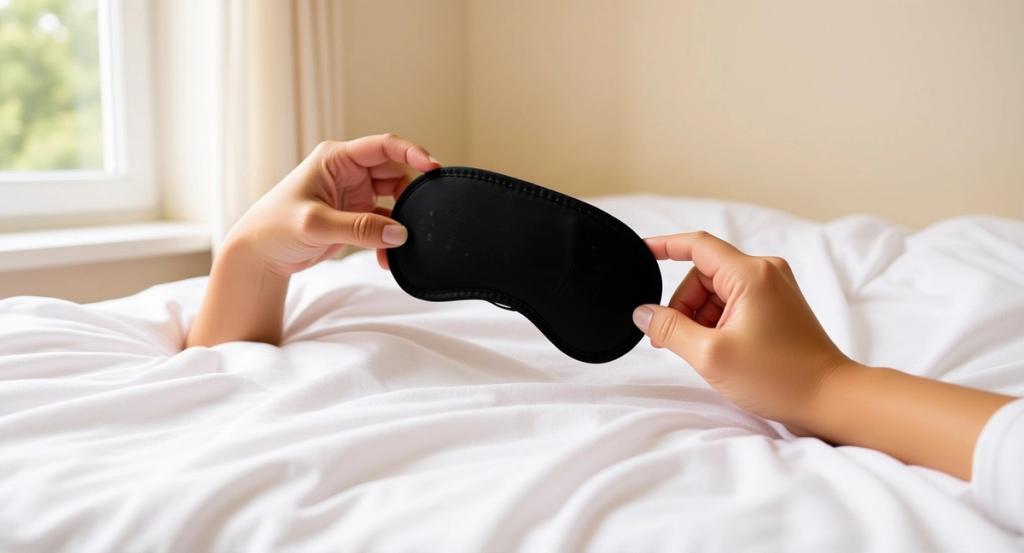 Hands holding a black satin blindfold in a sunlit bedroom