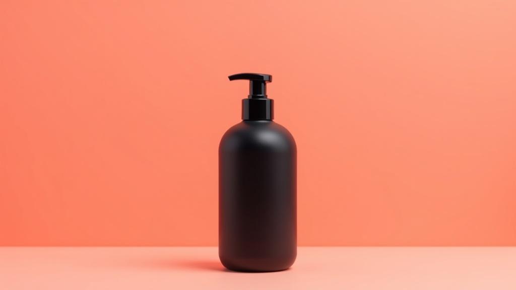 A single glossy unlabeled black water-based lubricant bottle standing bold and large on a warm coral-soft studio ground, a soft sheen of glide catching bright daylight.