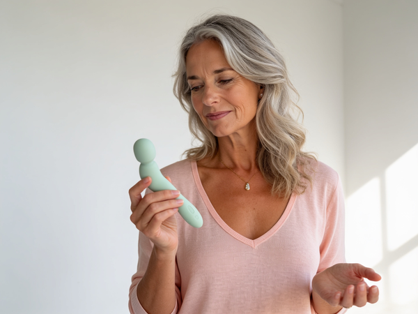A woman in her mid 50s with silver-streaked hair looks down at a sage Dame Com rechargeable wand vibrator held at chest height, her other hand open and empty, calmly asking what to do after never having had an orgasm, in bright window light