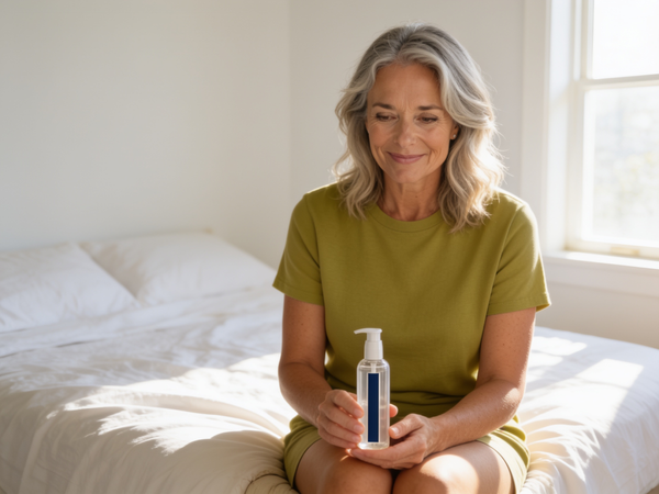 A woman in her mid 50s with silver-streaked hair sits on the edge of a sunlit bed, holding a bottle of water-based lubricant in both hands in her lap and looking down at it, thoughtful.