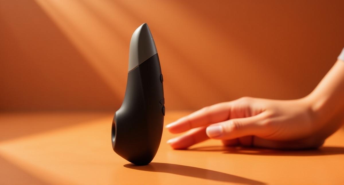 A black Womanizer Enhance clitoral stimulator standing on a warm sunlit surface as a hand reaches toward it.