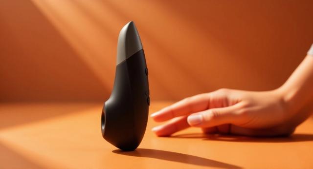 A black Womanizer Enhance clitoral stimulator standing on a warm sunlit surface as a hand reaches toward it.