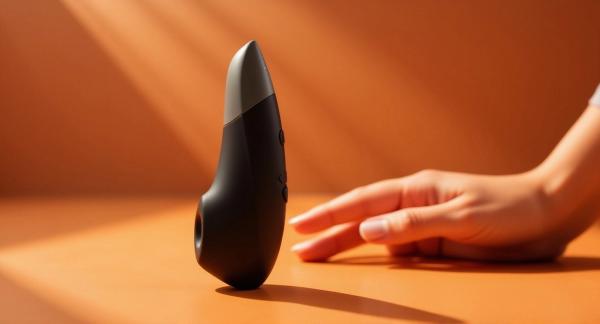 A black Womanizer Enhance clitoral stimulator standing on a warm sunlit surface as a hand reaches toward it.