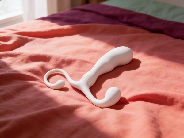 The Hands-Free b-Vibe P-Spot Slim prostate massager resting on warm coral bedding in soft morning light, its curved silicone body catching a shaft of sun by a sunlit window.