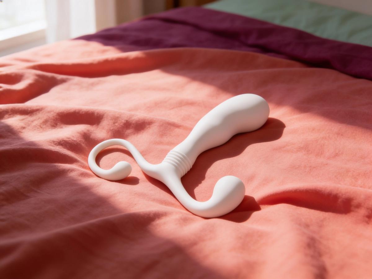 The Hands-Free b-Vibe P-Spot Slim prostate massager resting on warm coral bedding in soft morning light, its curved silicone body catching a shaft of sun by a sunlit window.
