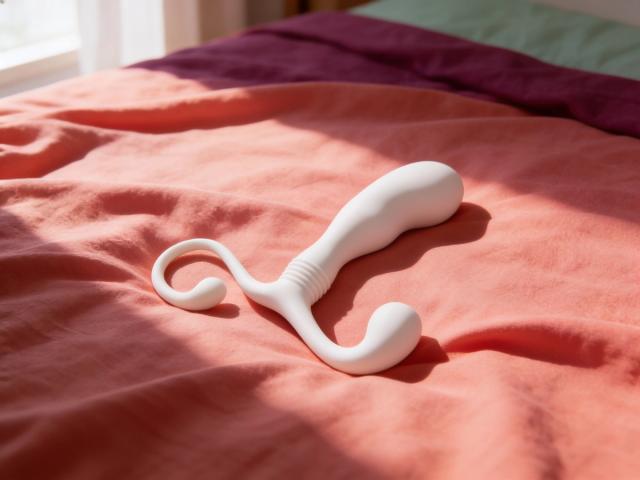The Hands-Free b-Vibe P-Spot Slim prostate massager resting on warm coral bedding in soft morning light, its curved silicone body catching a shaft of sun by a sunlit window.