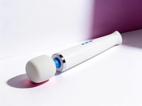 The Magic Wand Rechargeable massager lying across a white paper surface in warm daylight, its pale rounded silicone head low at the left of frame and its slim white body angling away to the upper right, with a soft plum wash falling across the wall behind it.
