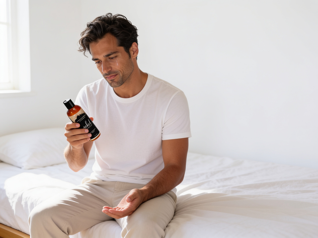 A man in his 30s with dark hair, in a plain white t-shirt, sits on the edge of a plainly made bed in bright window light, holding a bottle of Intimate Earth Naked Fragrance-Free Aromatherapy Massage Oil 4oz loosely in one hand at chest height, eyes lowered to it, his other hand open and empty on his thigh, a quiet bewildered tenderness on his face as he works out what has changed between two people