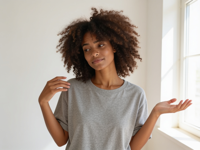 A woman with voluminous curly hair in a plain grey t-shirt stands in a bright white room, head tilted and brow raised, one hand open palm-up and the other resting at her shoulder, her gaze drifting to the side as if quietly asking whether it is just the two of them who stopped kissing