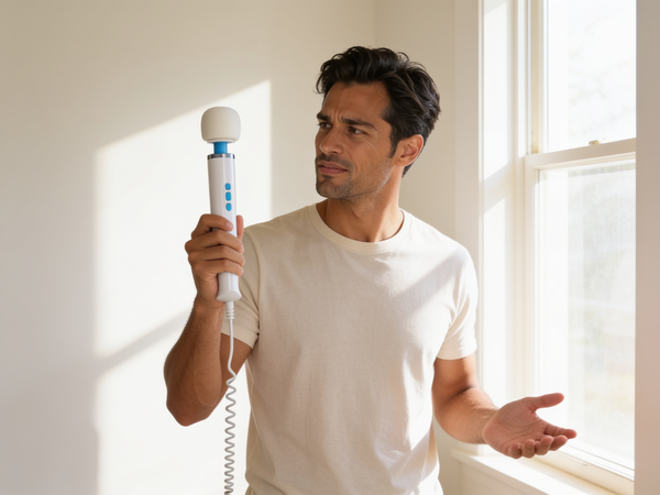 Diego, a man standing alone in a sunlit room, holds up the Magic Wand Plus, a corded intimate massager, at eye level, brow furrowed in a searching, worried look, his free hand open at his side as if asking an unspoken question about why finishing takes longer than it used to.