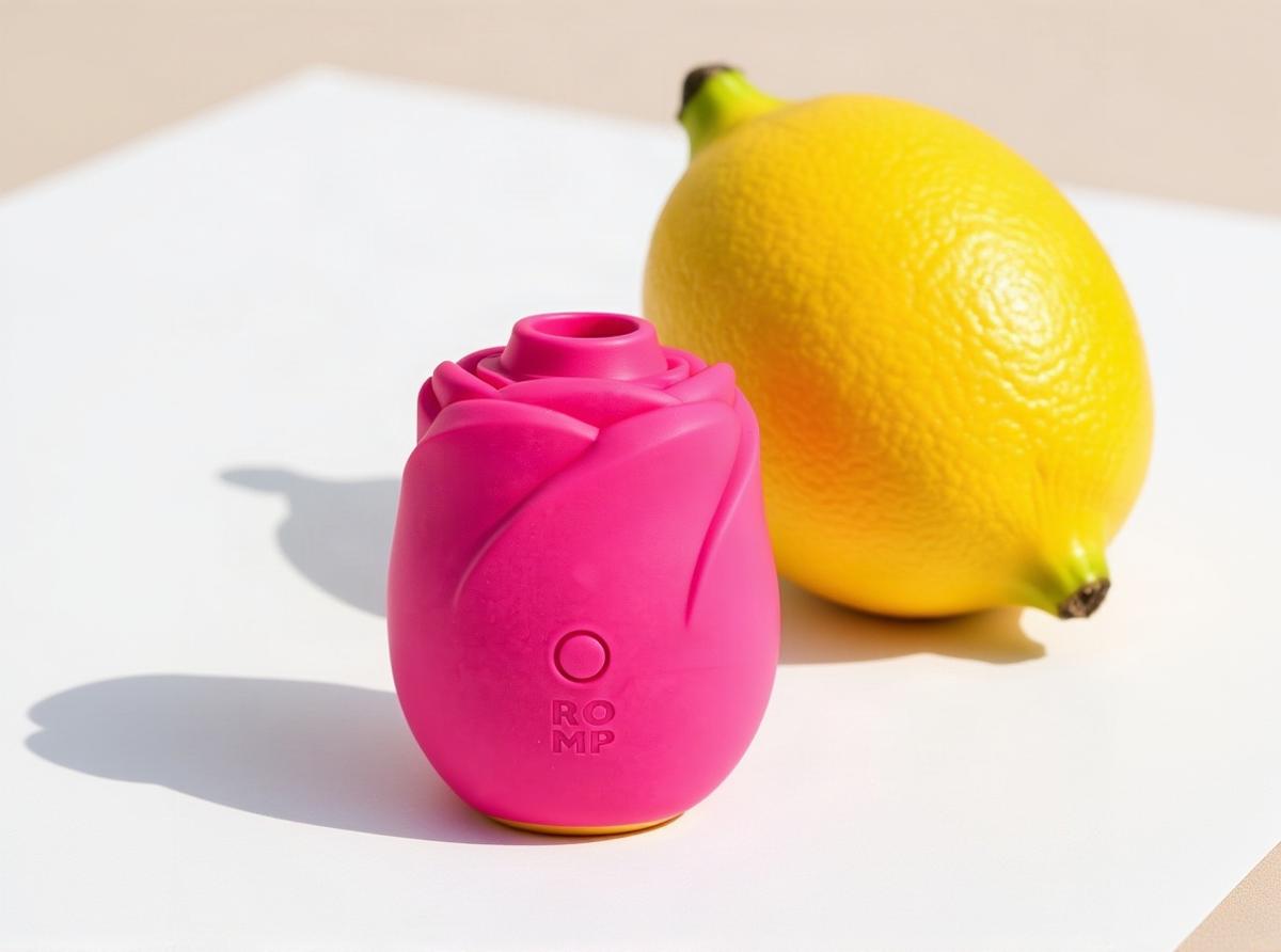 The ROMP Rose 2.0 Pleasure Air clitoral stimulator in bright fuchsia silicone, standing on white paper in warm daylight with a whole lemon resting behind it so the two shapes rhyme.