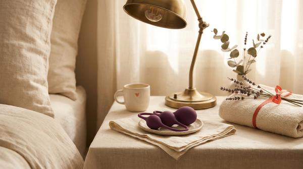 Three graduated plum silicone kegel balls from the Je Joue Ami set resting on a small ceramic dish on a bedside table with a brass lamp, dried lavender, and a folded towel.
