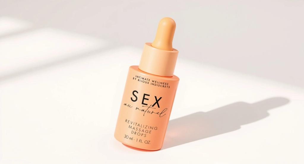 Peach massage-oil dropper bottle on a warm white ground