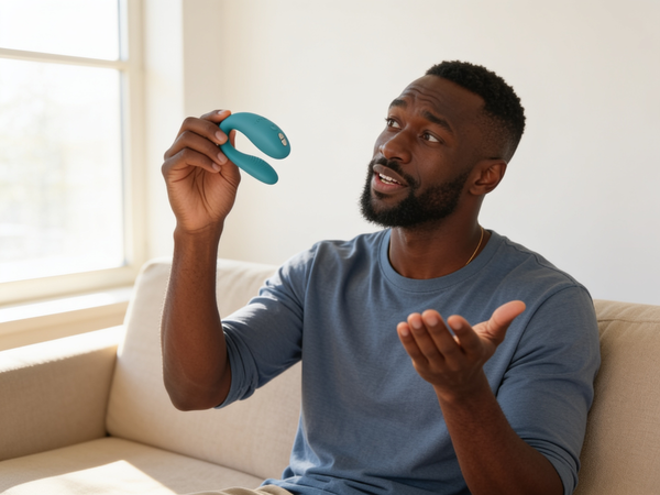 A man in his early 30s tilts his head at a small turquoise Wearable We-Vibe Sync Go Turquoise Couples Vibrator held up at eye level, brow raised and free hand open, caught mid-question about whether scheduling sex works, in a bright sunlit living room.
