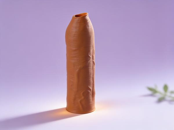 Fantasy X-Tensions Elite Uncut open-ended enhancement sleeve standing upright on a soft plum-tinted white backdrop in bright daylight, a sage leaf sprig blurred at the edge