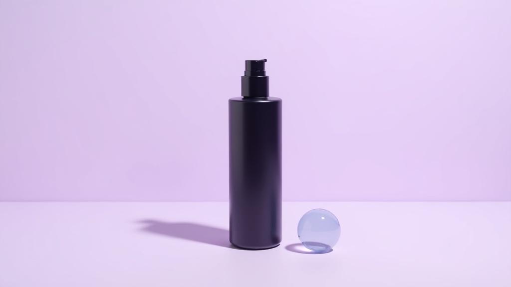 A sleek glossy dark bottle standing large and bold on a flat plum-soft studio ground, a clear glass accent beside it in bright daylight.