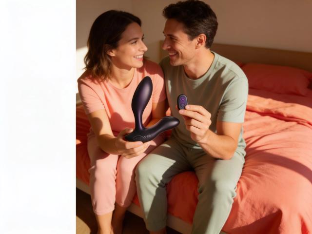 A couple in soft loungewear sit close together in warm morning light, one holding the Adjustable-Fit We-Vibe Vector+ prostate massager, the other holding its remote control, sharing a playful, anticipatory smile.
