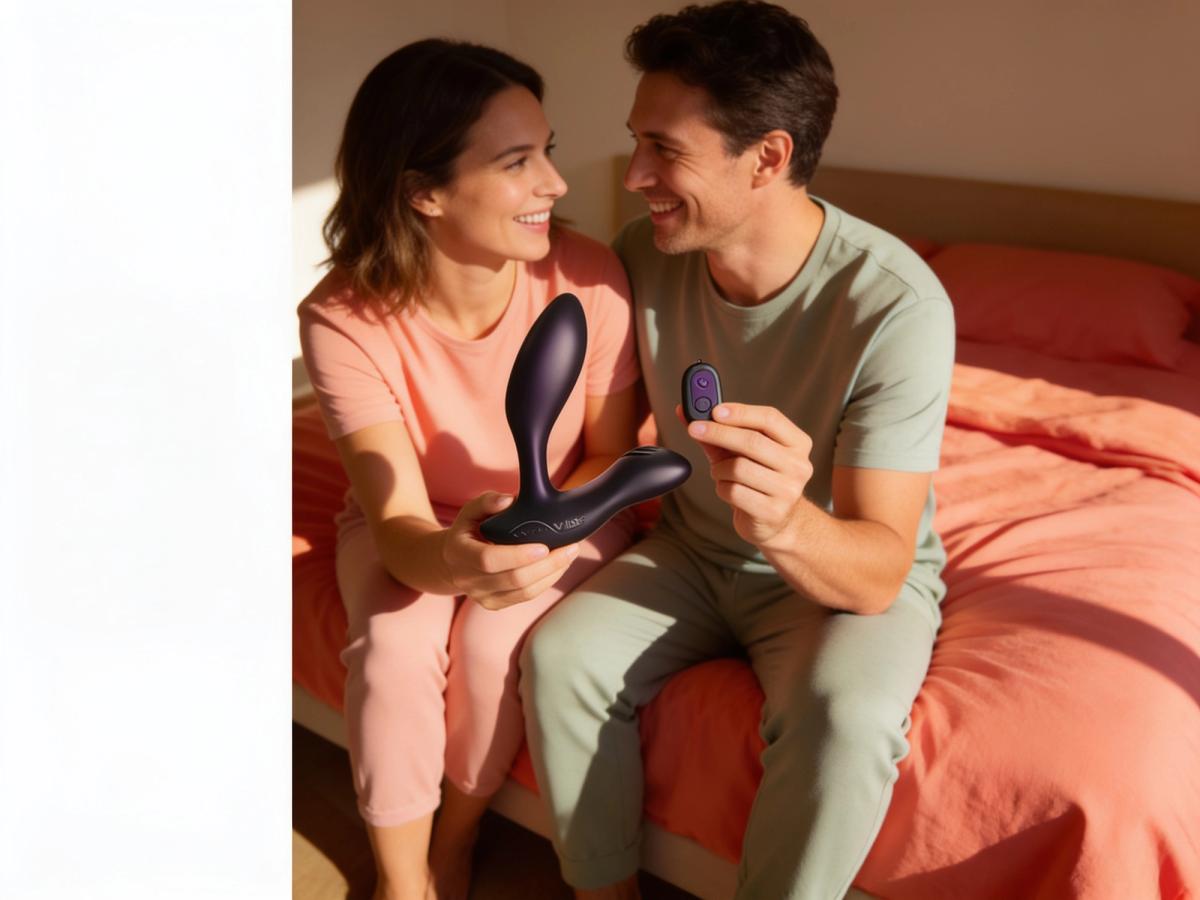 A couple in soft loungewear sit close together in warm morning light, one holding the Adjustable-Fit We-Vibe Vector+ prostate massager, the other holding its remote control, sharing a playful, anticipatory smile.
