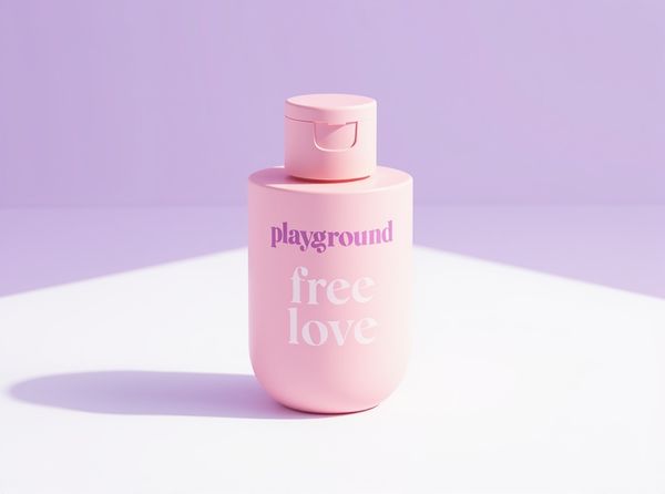 A pastel-pink Playground Free Love water-based lubricant bottle standing tall and bold on a bright plum-tinted studio backdrop, its label facing forward.