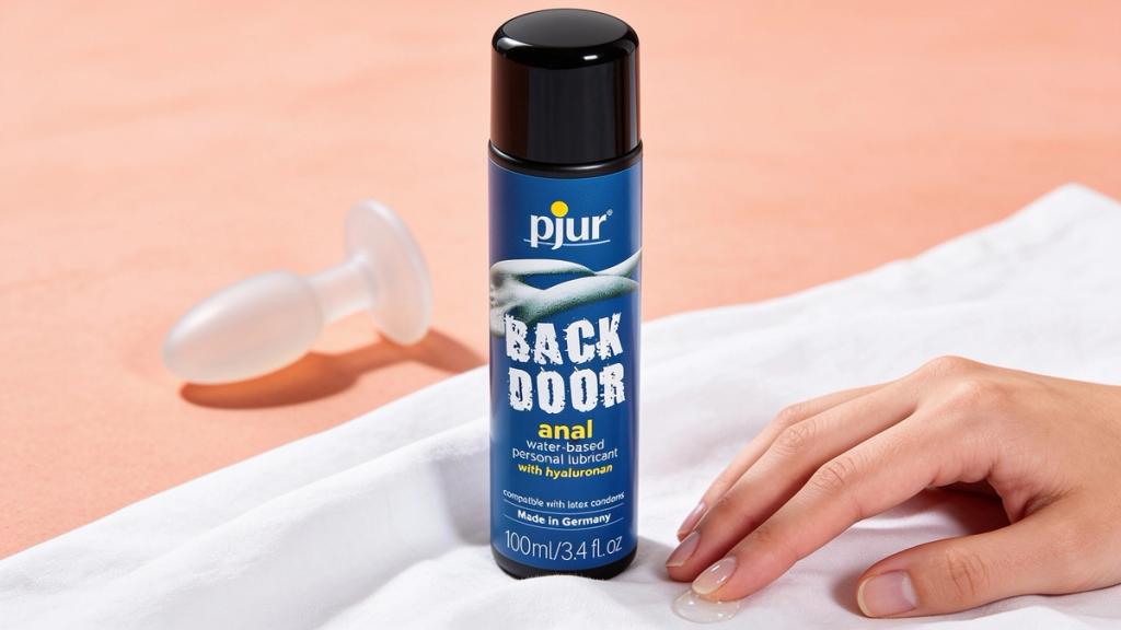 Bottle of pjur back door glide standing on white linen beside a fingertip of clear gel, pale coral ground