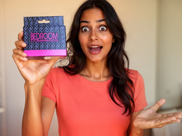 An adult in her 30s holds up a Bedroom Commands couples card game in one hand, free hand open, wide-eyed and amused, in warm daylight against a plain paper ground.