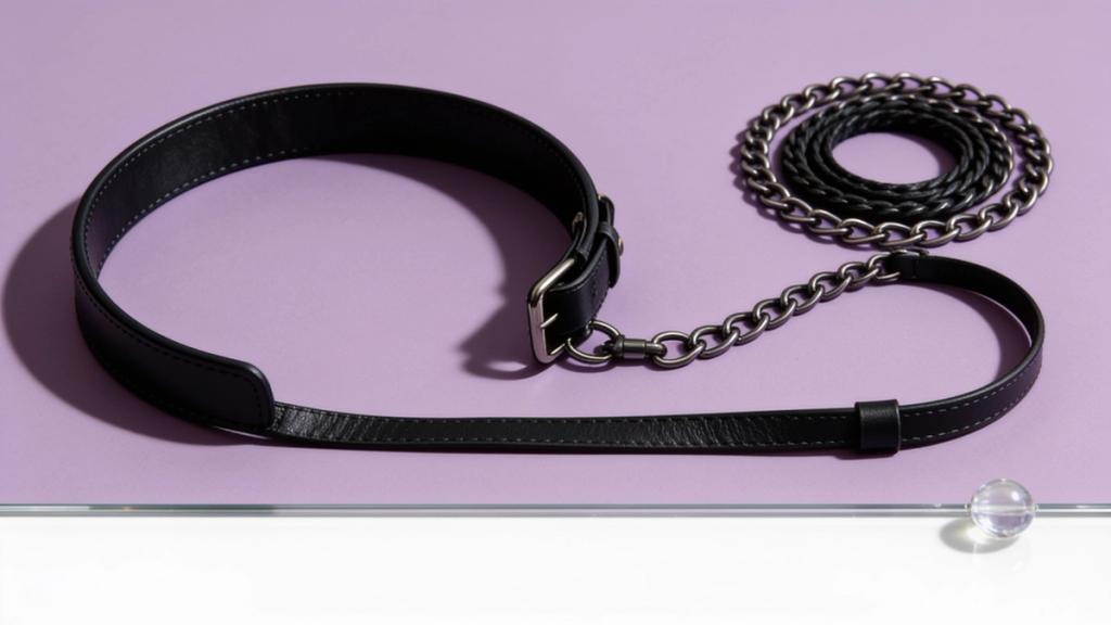 A faux leather collar and leash set laid on a soft lilac backdrop in bright daylight.