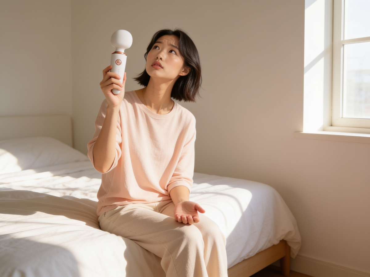 A woman sits on a sunlit bed holding up the Le Wand Mini Micro wand vibrator at eye level, brow furrowed with a tired, searching look, asking whether her flat mood about sex means something is wrong with her.