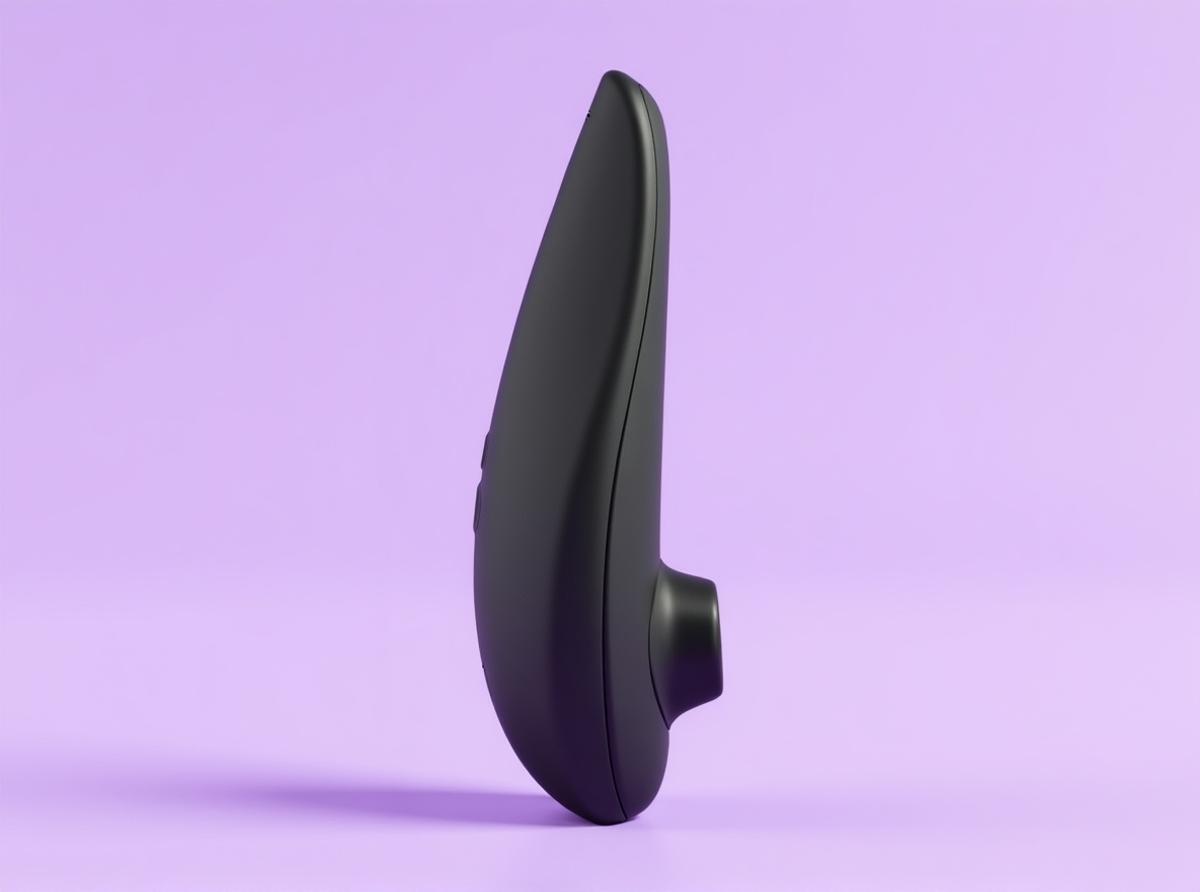 The Womanizer Classic 2 air-pulse clitoral stimulator standing upright on a soft plum studio backdrop, its curved matte black silicone body and side controls in bright even light