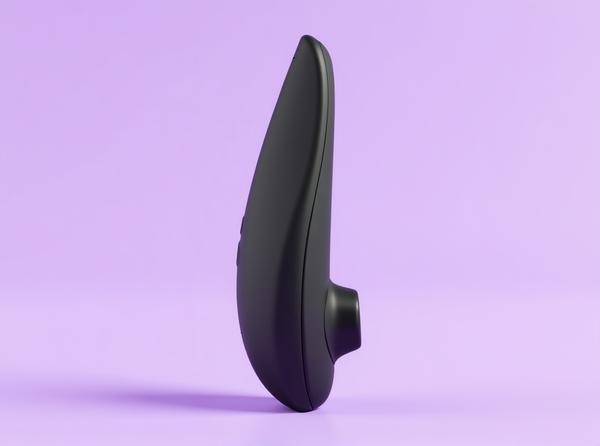 The Womanizer Classic 2 air-pulse clitoral stimulator standing upright on a soft plum studio backdrop, its curved matte black silicone body and side controls in bright even light