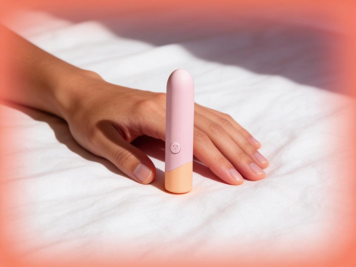 The Peachy Bullet mini vibrator standing upright on a white linen sheet beside a resting adult hand, in soft warm daylight with a coral-tinted edge.
