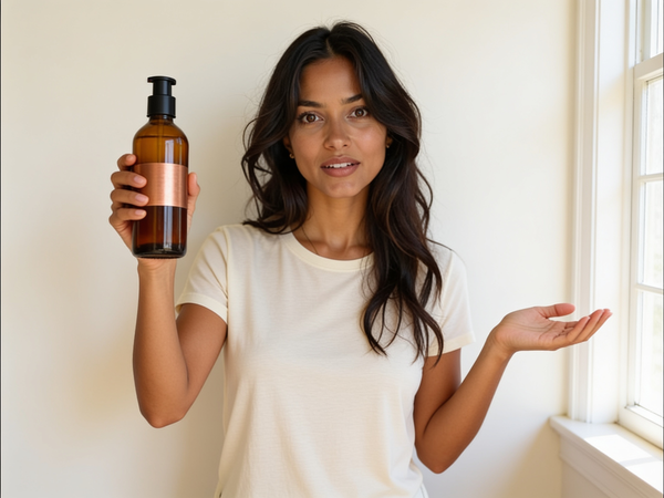 Priya holds a bottle of Sliquid Massage Oil Unscented, a natural nut and seed blend in a 4.2oz bottle, turned to its plain copper-banded back at her chest with one hand, her free hand raised in a small shrug, brows lifted in the pause after asking a question about reaching for a partner without it feeling like pressure.