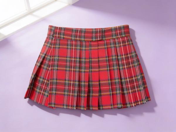 The Reform School red tartan pleated mini skirt laid flat and front on, its waistband straight across the top and knife pleats falling to a short hem, on a pale lavender backdrop with soft daylight from a window at the upper left.