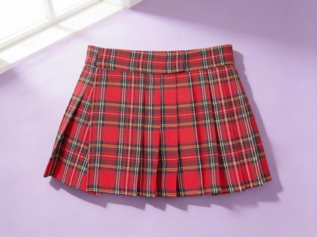 The Reform School red tartan pleated mini skirt laid flat and front on, its waistband straight across the top and knife pleats falling to a short hem, on a pale lavender backdrop with soft daylight from a window at the upper left.