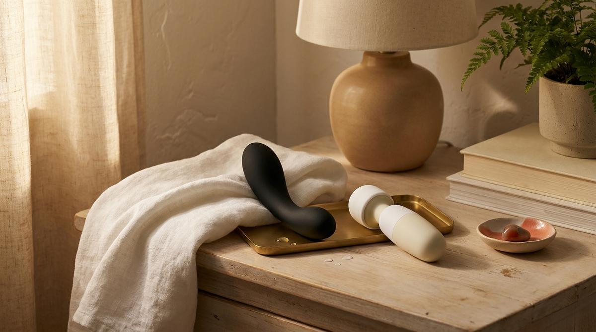 A matte black Tantus silicone massager and a white Magic Wand Mini resting on a brass tray on a bedside table, next to a folded linen towel and a small dish.